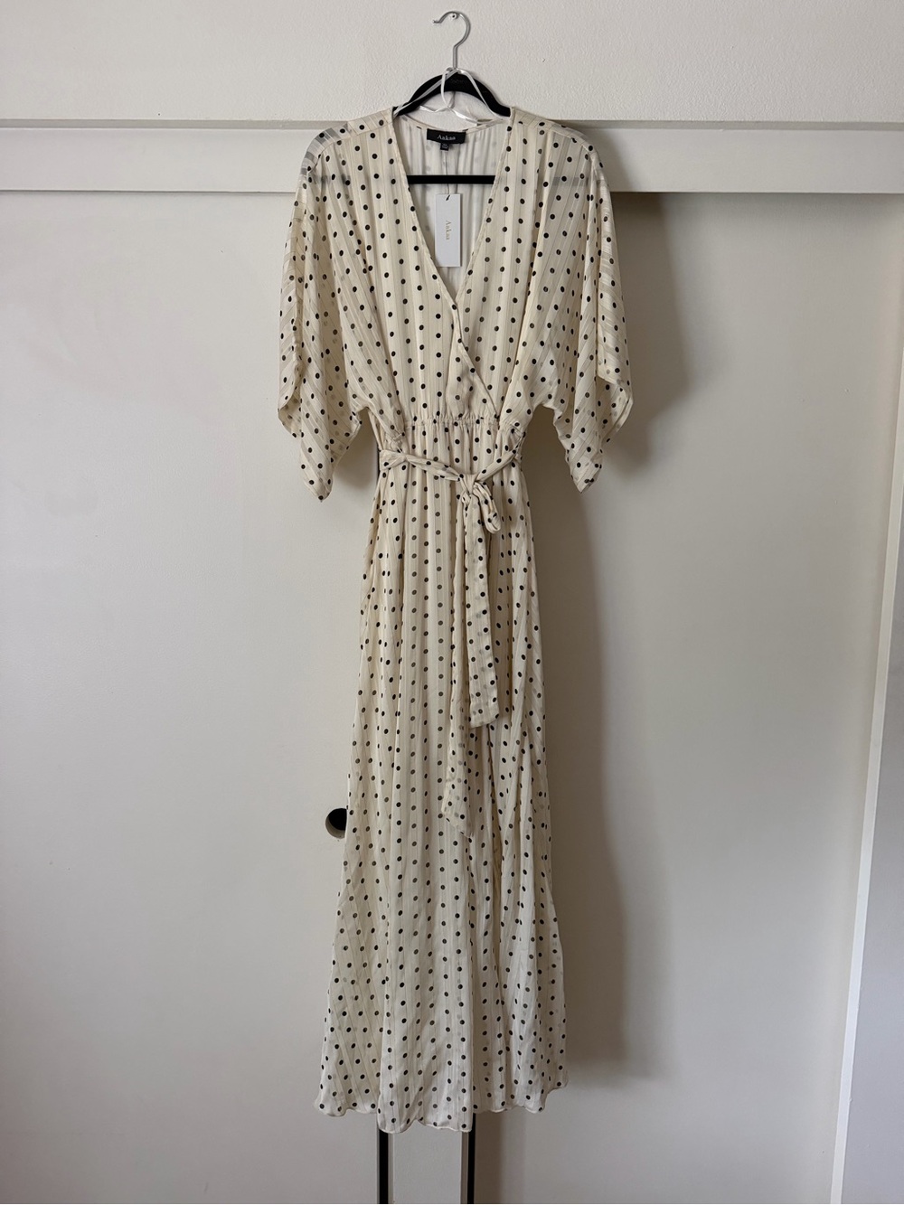 Vici Polka Dot Wrap Maxi Dress - Cream with Black Dots and Gold Pin Stripe